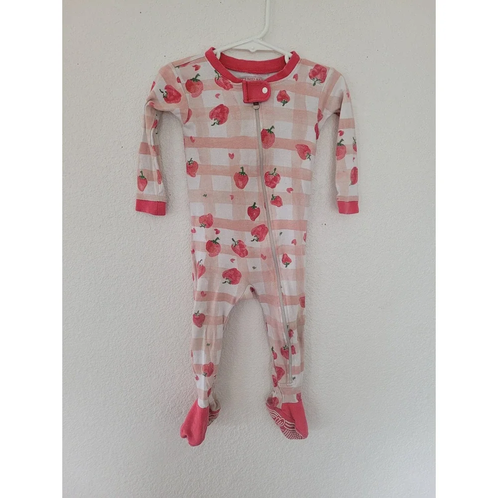 Burt's Bees Baby 12M Strawberry Gingham Organic Cotton Footed Pajamas Pink #2